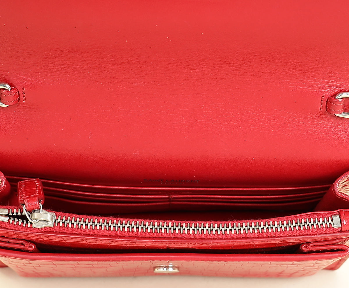 YSL Red Sunset Croco Embossed Wallet On Chain