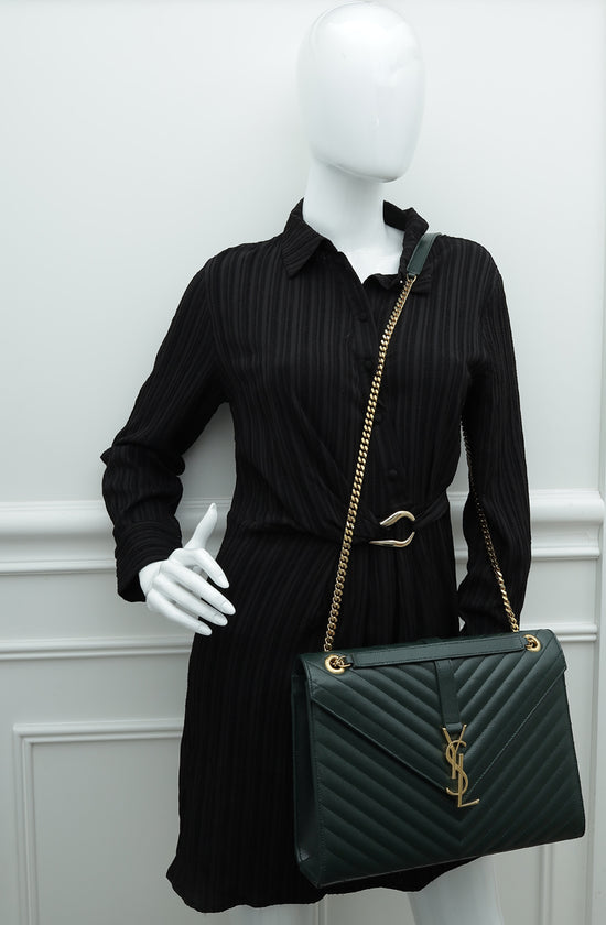 YSL Forest Green Monogram Satchel Flap Large Bag