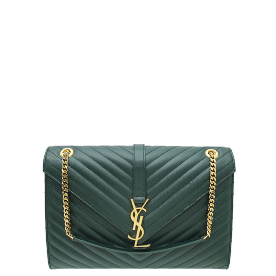 YSL Forest Green Monogram Satchel Flap Large Bag