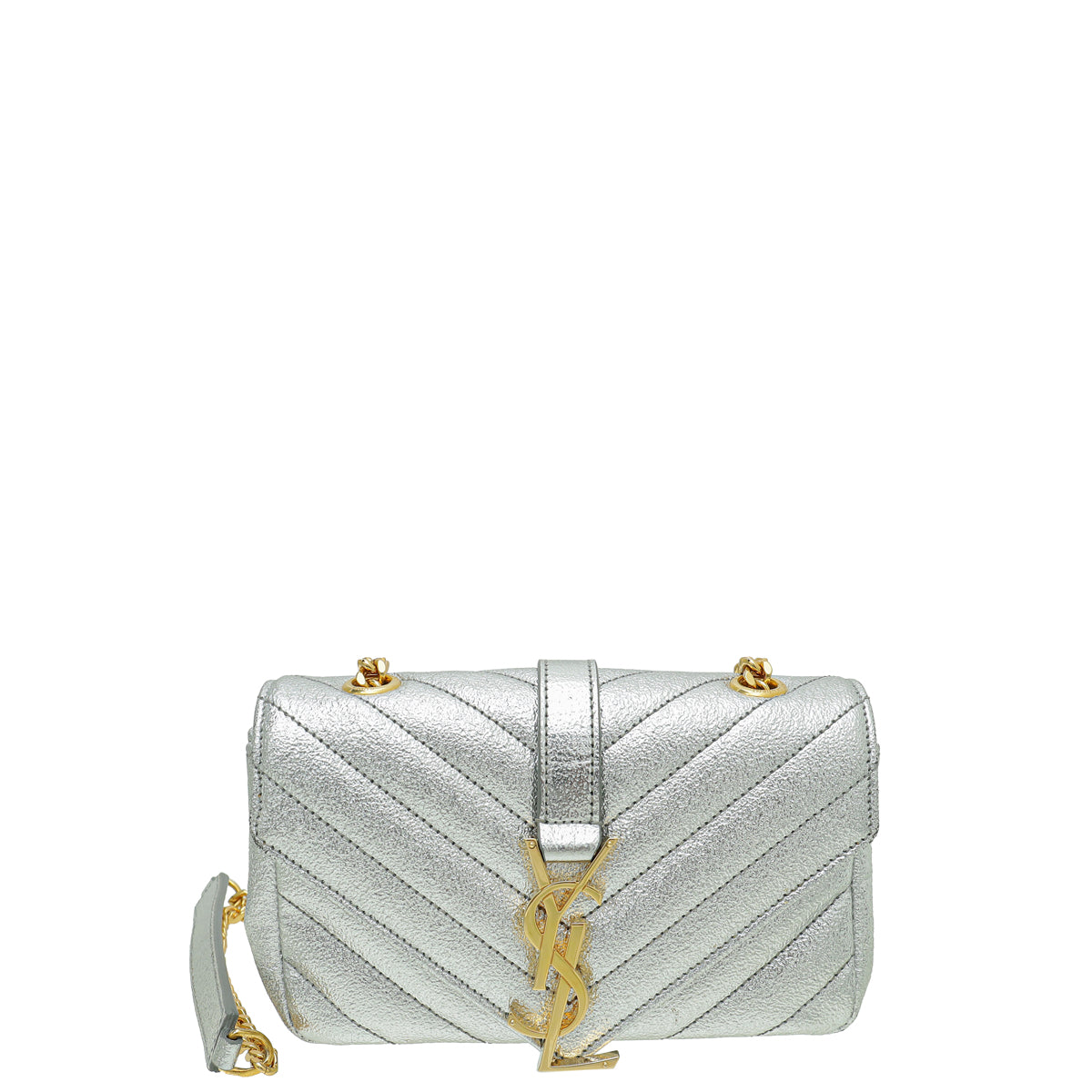 YSL Metallic Silver Chevron Monogram Chain Bag Baby-YSL-THE CLOSET