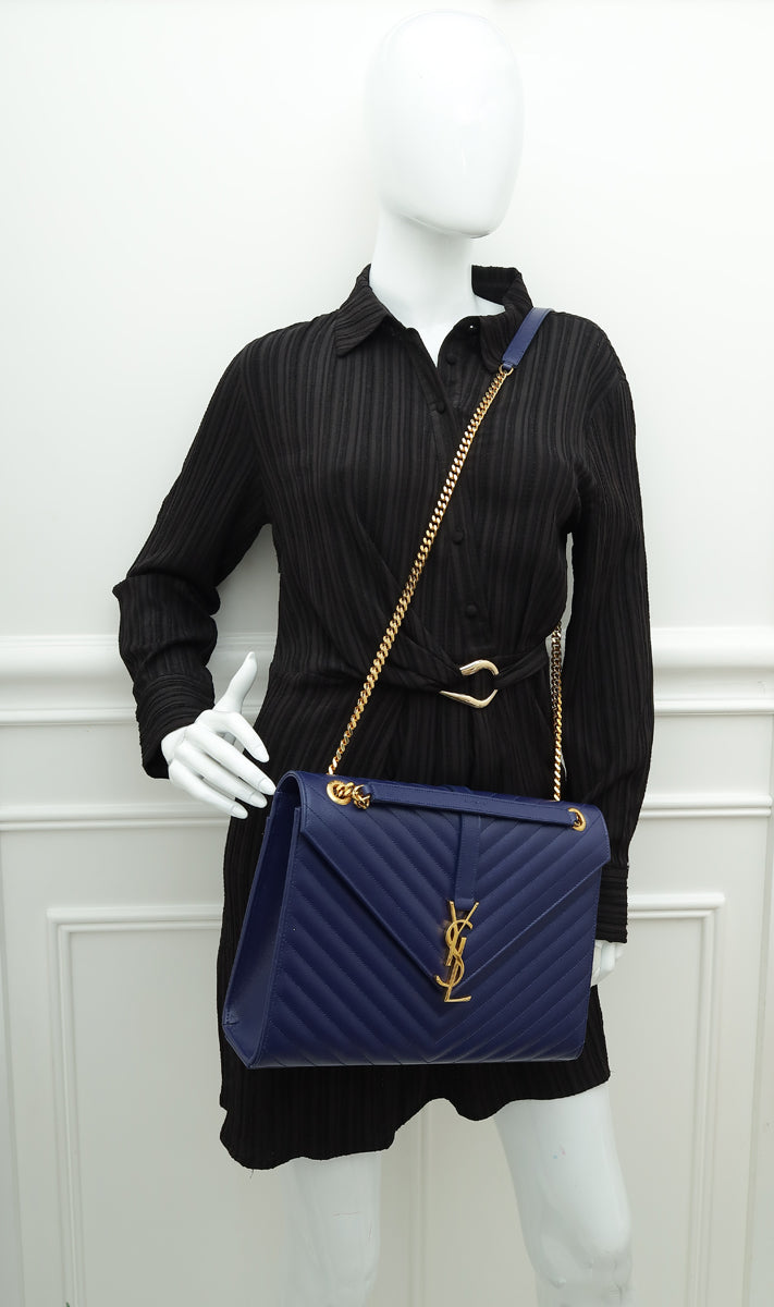 YSL Navy Blue Monogram Chevron Large Satchel Bag