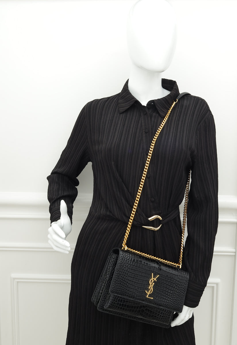 YSL Black Croco Embossed Sunset Medium Bag