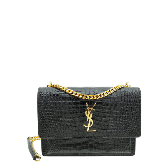 YSL Black Croco Embossed Sunset Medium Bag