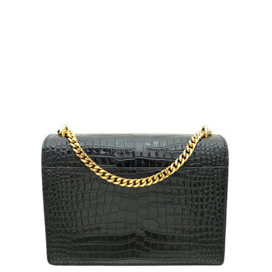 YSL Black Croco Embossed Sunset Medium Bag