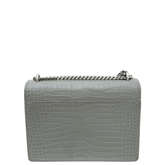 YSL Grey Croco Embossed Sunset Flap Medium Bag