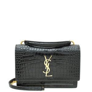 YSL Black Croco Embossed Sunset Wallet on Chain
