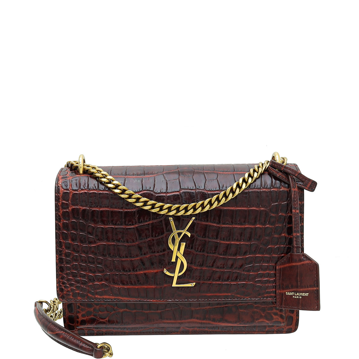 YSL Maroon Croco Embossed Sunset Medium Bag-YSL-THE CLOSET