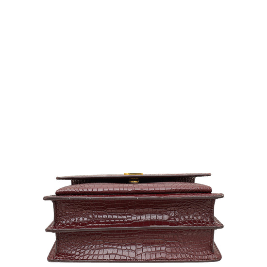 YSL Burgundy Croco Embossed Sunset Medium Bag