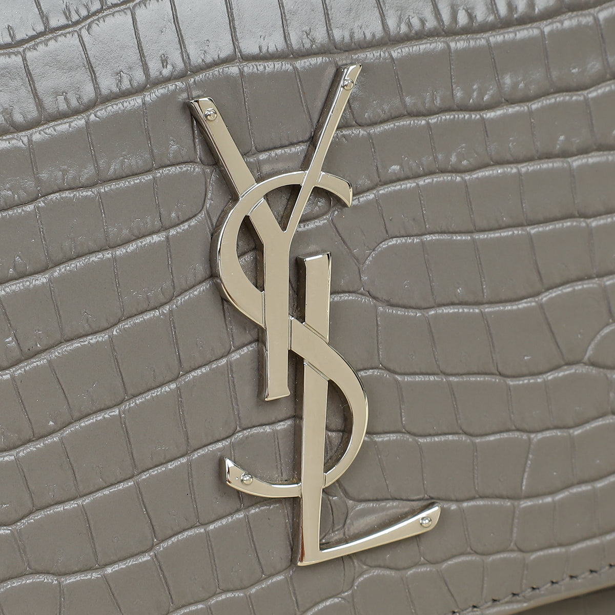 YSL Gray Croco Embossed Sunset Medium Chain Bag