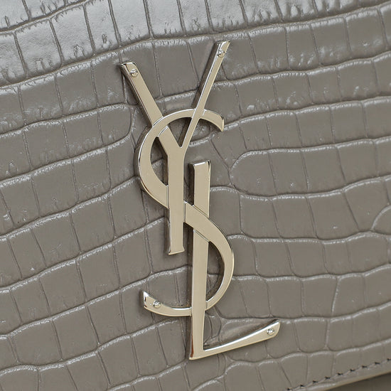 YSL Gray Croco Embossed Sunset Medium Chain Bag