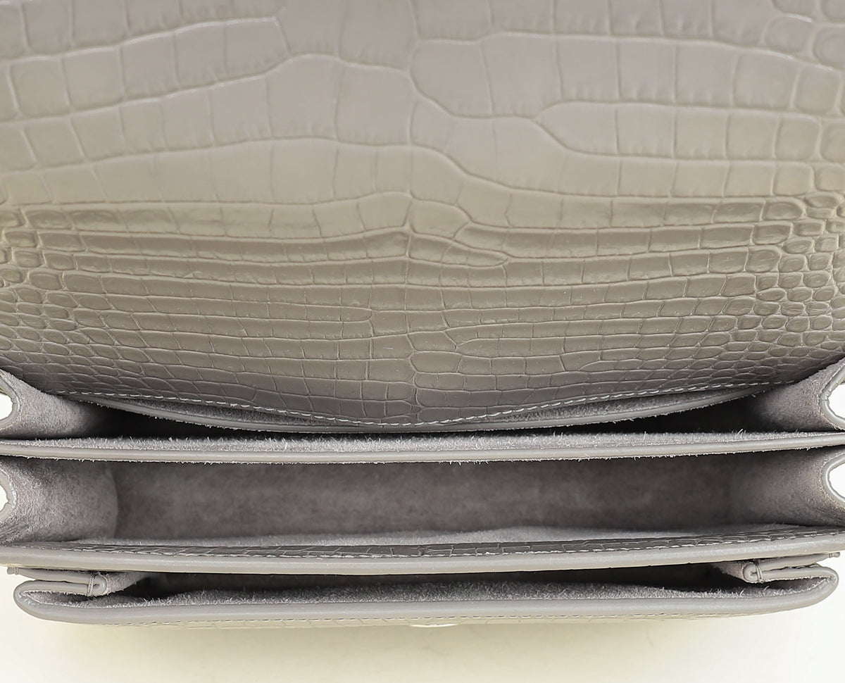 YSL Gray Croco Embossed Sunset Medium Chain Bag