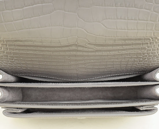 YSL Gray Croco Embossed Sunset Medium Chain Bag