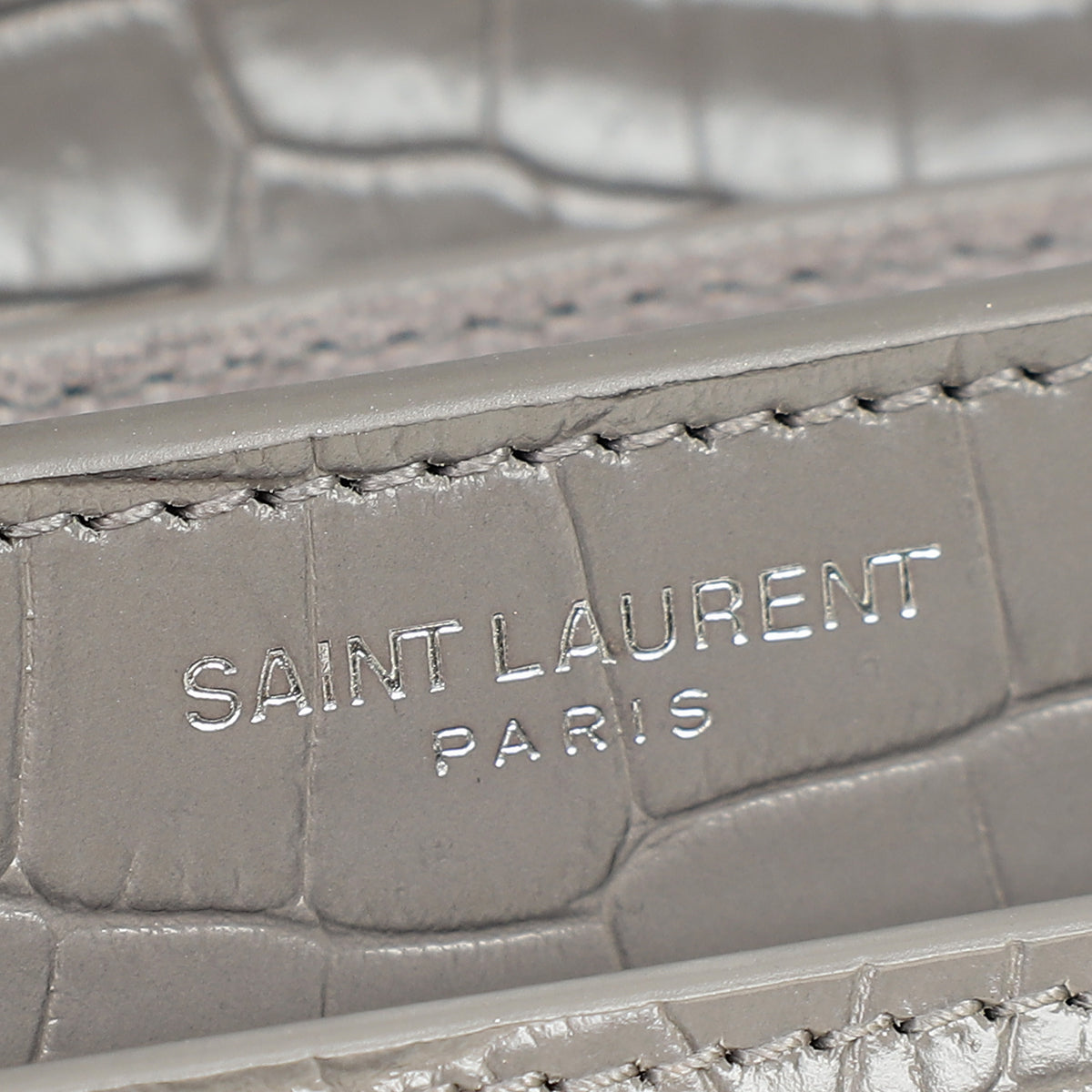 YSL Gray Croco Embossed Sunset Medium Chain Bag