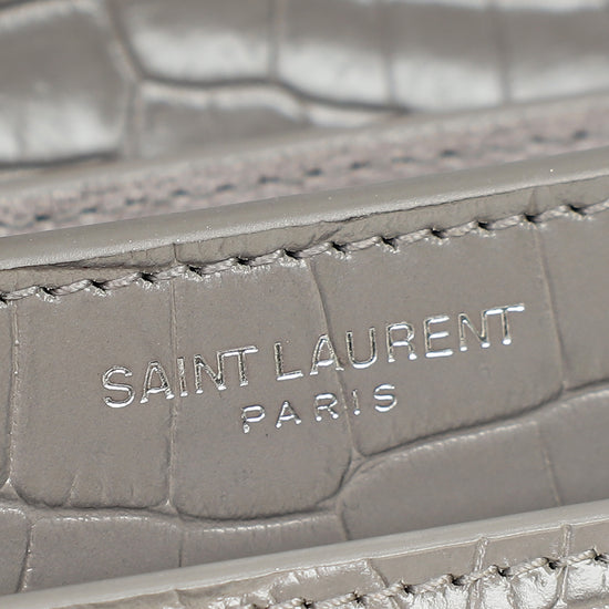 YSL Gray Croco Embossed Sunset Medium Chain Bag