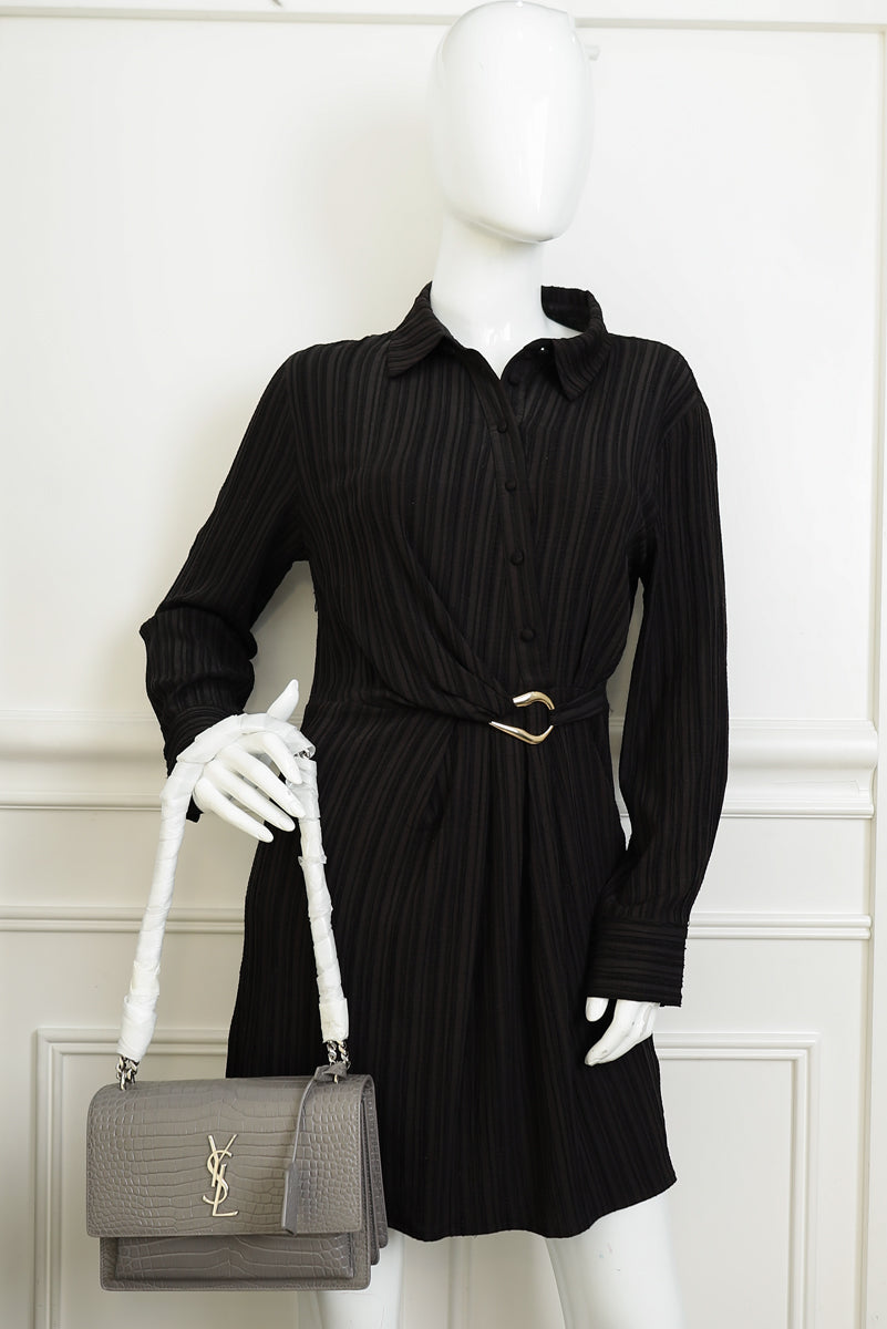 YSL Gray Croco Embossed Sunset Medium Chain Bag