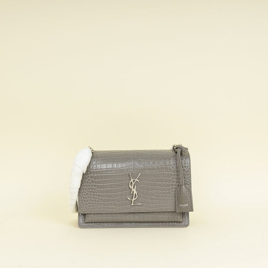 YSL Gray Croco Embossed Sunset Medium Chain Bag