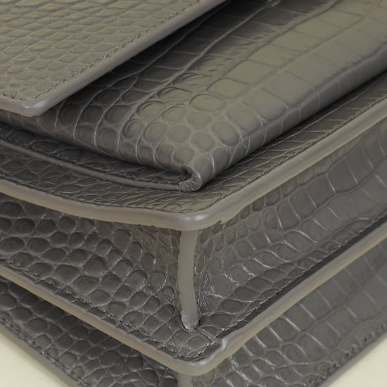YSL Gray Croco Embossed Sunset Medium Chain Bag