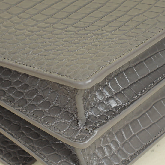 YSL Gray Croco Embossed Sunset Medium Chain Bag