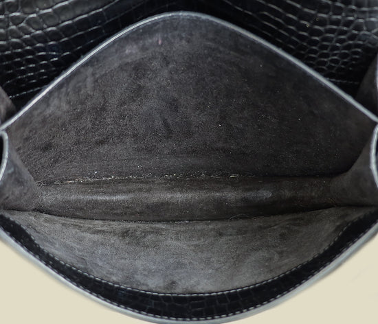 YSL Black Sunset Croco Embossed Medium Bag