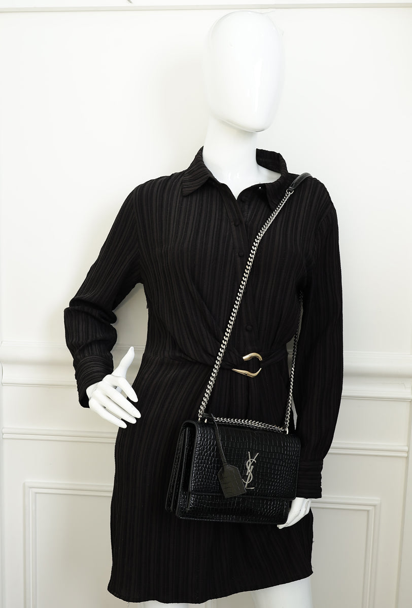 YSL Black Sunset Croco Embossed Medium Bag