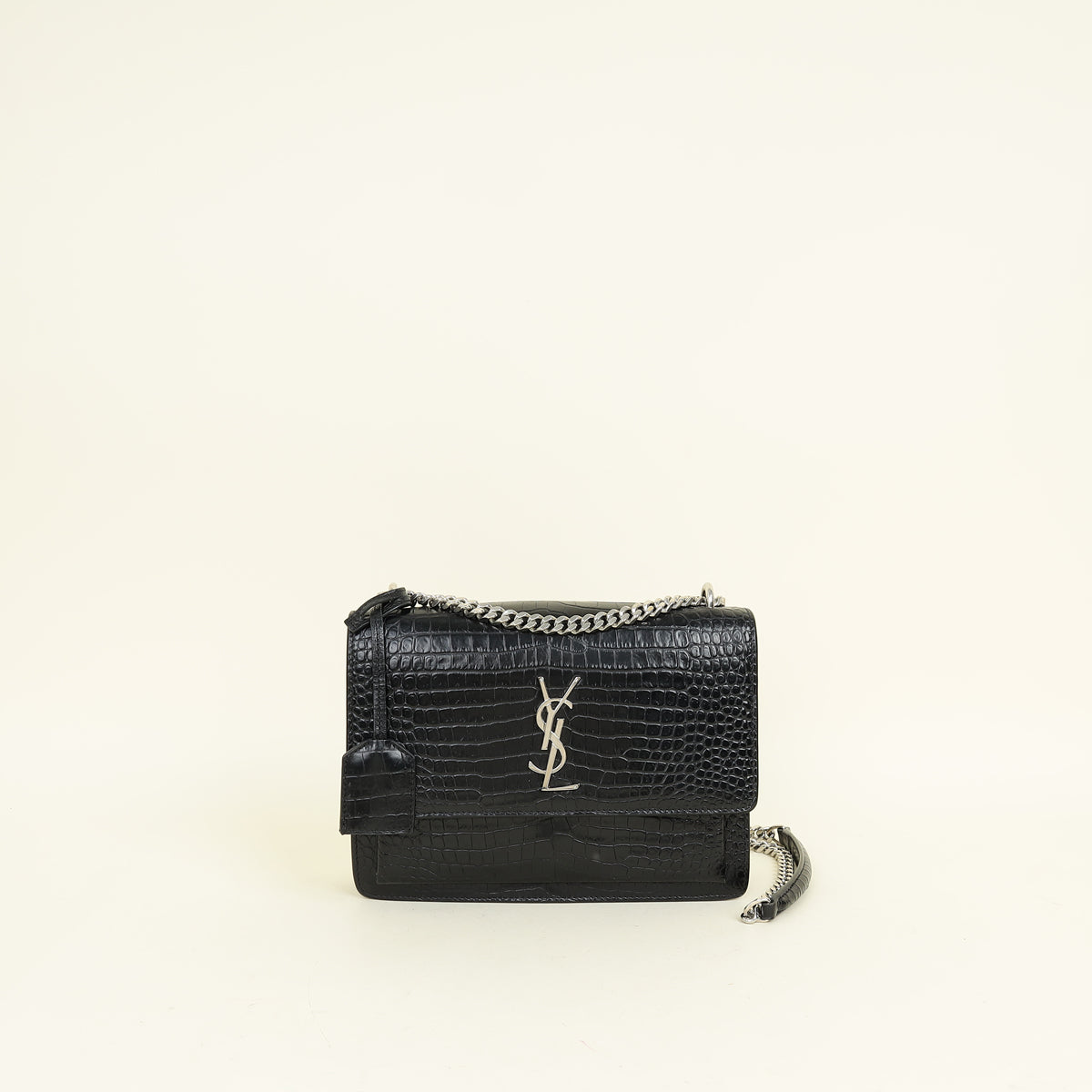 YSL Black Sunset Croco Embossed Medium Bag