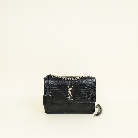 YSL Black Sunset Croco Embossed Medium Bag