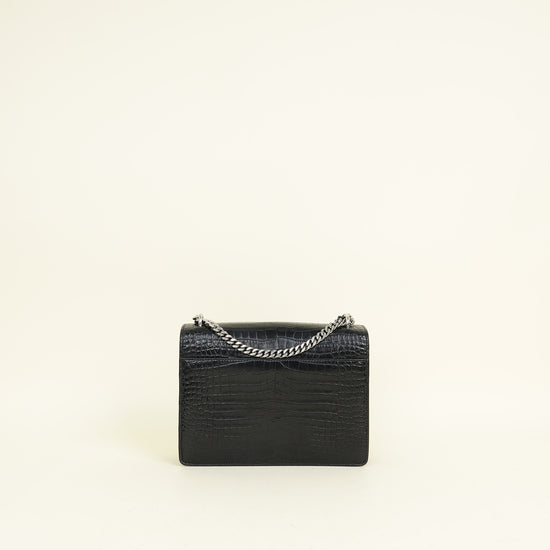 YSL Black Sunset Croco Embossed Medium Bag
