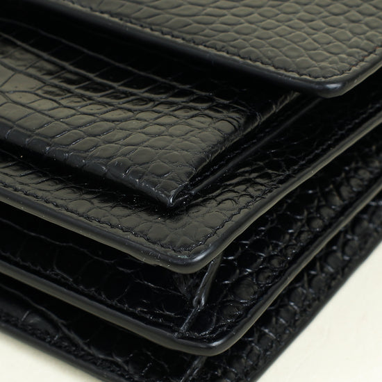 YSL Black Sunset Croco Embossed Medium Bag