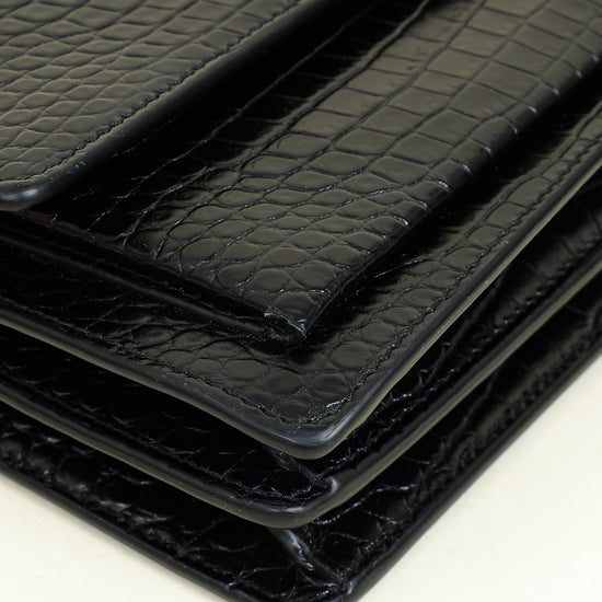 YSL Black Sunset Croco Embossed Medium Bag