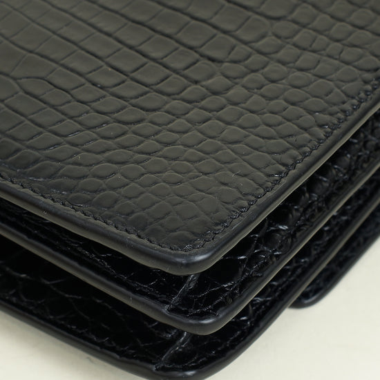 YSL Black Sunset Croco Embossed Medium Bag