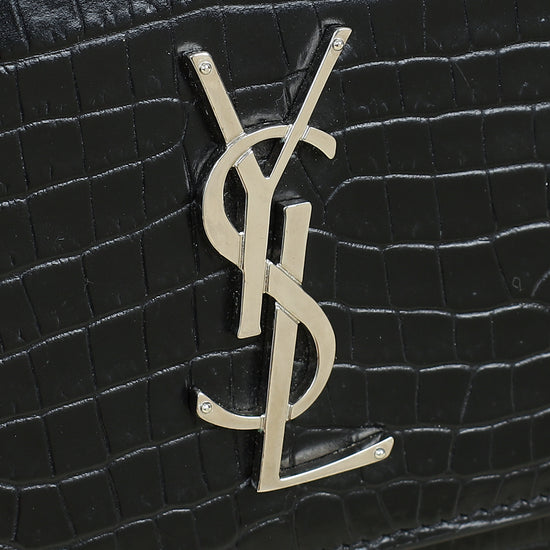 YSL Black Sunset Croco Embossed Medium Bag