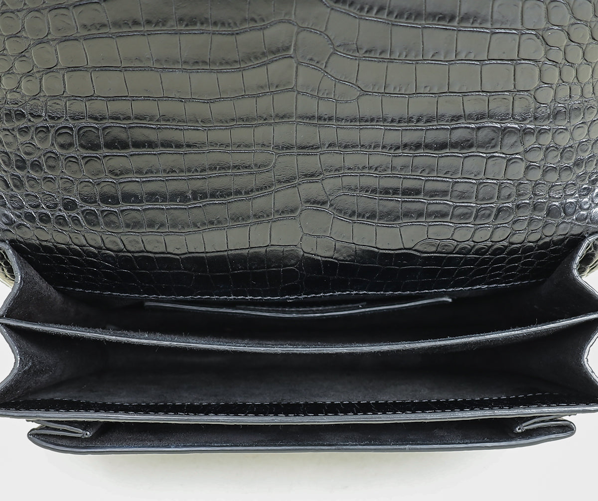 YSL Black Sunset Croco Embossed Medium Bag