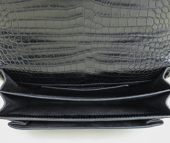 YSL Black Sunset Croco Embossed Medium Bag