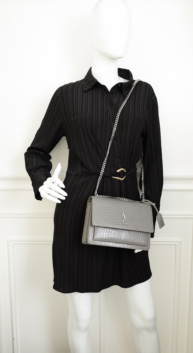 YSL Grey Sunset Croco Embossed Medium Bag