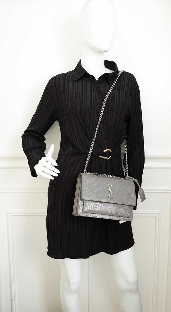 YSL Grey Sunset Croco Embossed Medium Bag