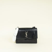 YSL Black Croco Embossed Sunset Chain Medium Shoulder Bag