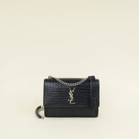YSL Indigo Blue Croco Embossed Sunset Chain Medium Shoulder Bag