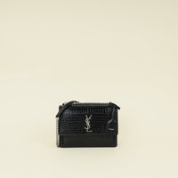 YSL Black Croco Embossed Sunset Medium Shoulder Bag