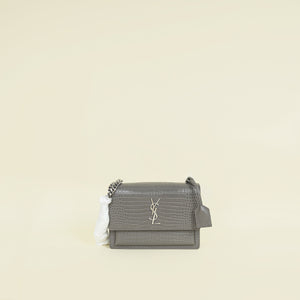 YSL Gray Croco Embossed Sunset Medium Shoulder Bag
