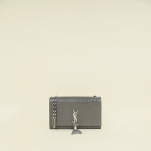 YSL Gray Croco Embossed Kate Chain Medium Shoulder Bag