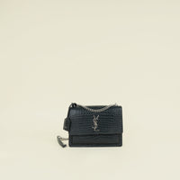 YSL Green Croco Embossed Sunset Medium Shoulder Bag