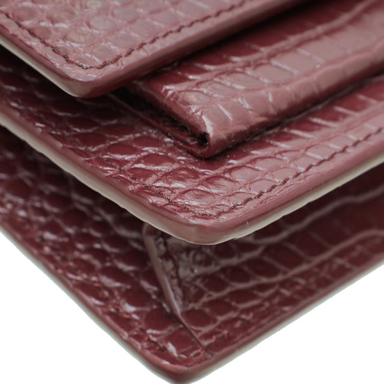 YSL Burgundy Croco Embossed Sunset Wallet On Chain
