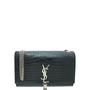 حقيبة متوسطة الحجم بشراشيب من YSL باللون الأسود من جلد التمساح 