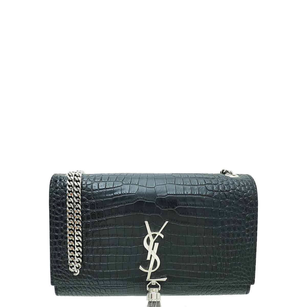 YSL Black Croco Embossed Kate Tassel Medium Bag