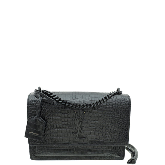 YSL Black Sunset Croco Embossed Medium Bag