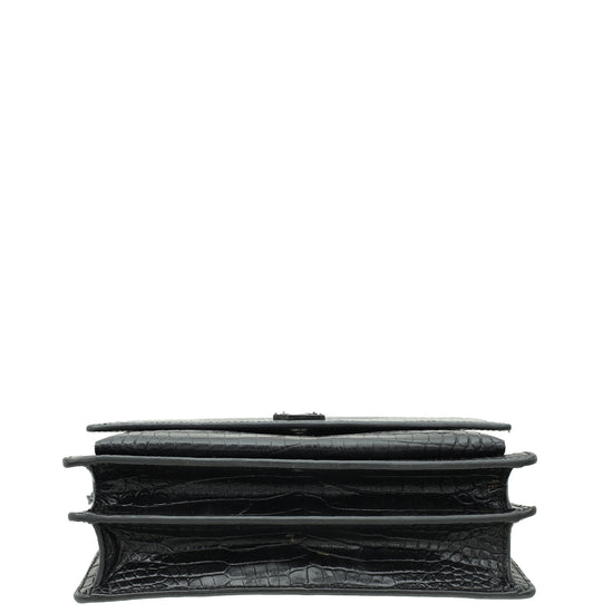 YSL Black Sunset Croco Embossed Medium Bag