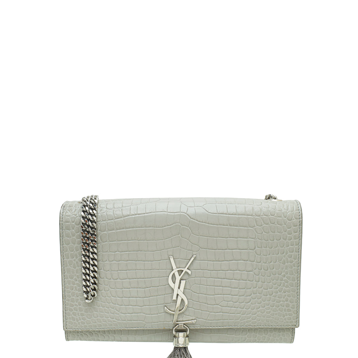 YSL Grey Kate Tassel Croco Embossed Medium Shoulder Bag-YSL-THE CLOSET