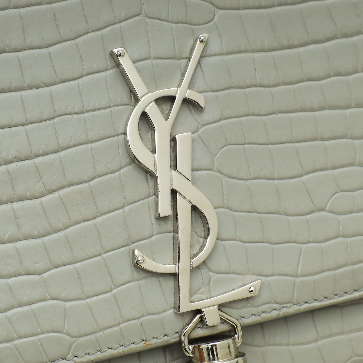 YSL Grey Kate Tassel Croco Embossed Medium Shoulder Bag
