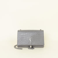 YSL Gray Croco Embossed Medium Kate Chain Bag
