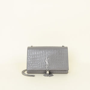 YSL Gray Croco Embossed Medium Kate Chain Bag